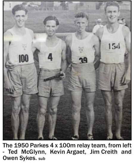 Parkes Athletics Club's surprise success in 4 x 100 yards relay team. From left: Ted McGlynn, Kevin Argaet, Jim Creith and Owen Sykes. Source: Parkes Champion Post Wednesday October 21, 2015 page 19