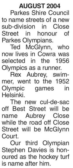 Parkes Shire Council honouring some of the Olympians who at one stage of their sporting careers called Parkes Shire home. Source: Parkes Champion Post Monday December 22, 2014, page 15