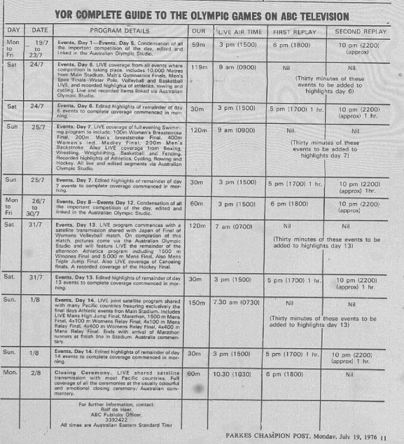 A copy of the television guide to ABC's coverage of the 1976 Montreal Olympic Games. Television provided limited coverage and colour was only just introduced to Australians in 1975. With no home recording devices, such as video recorders, PVRs and no "catch up" tv stations, if you missed it, then that was your only chance to view events you wanted to see. Source: Parkes Champion Post Monday July 19 1976 page 11