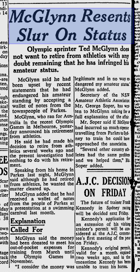 Article reporting the controversy created from a well-intentioned gesture by the locals who wanted to show their appreciation for the achievements and sacrifices that Ted McGlynn had made to reach the 1956 Olympic Games. Source: The Sydney Morning Herald January 14, 1957 page 12