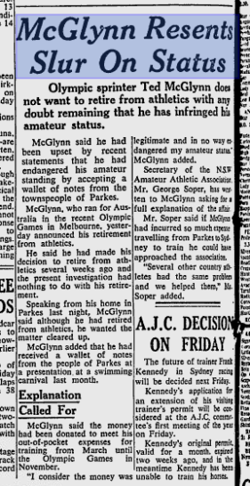 Article reporting the controversy created from a well-intentioned gesture by the locals who wanted to show their appreciation for the achievements and sacrifices that Ted McGlynn had made to reach the 1956 Olympic Games. Source: The Sydney Morning Herald January 14, 1957 page 12