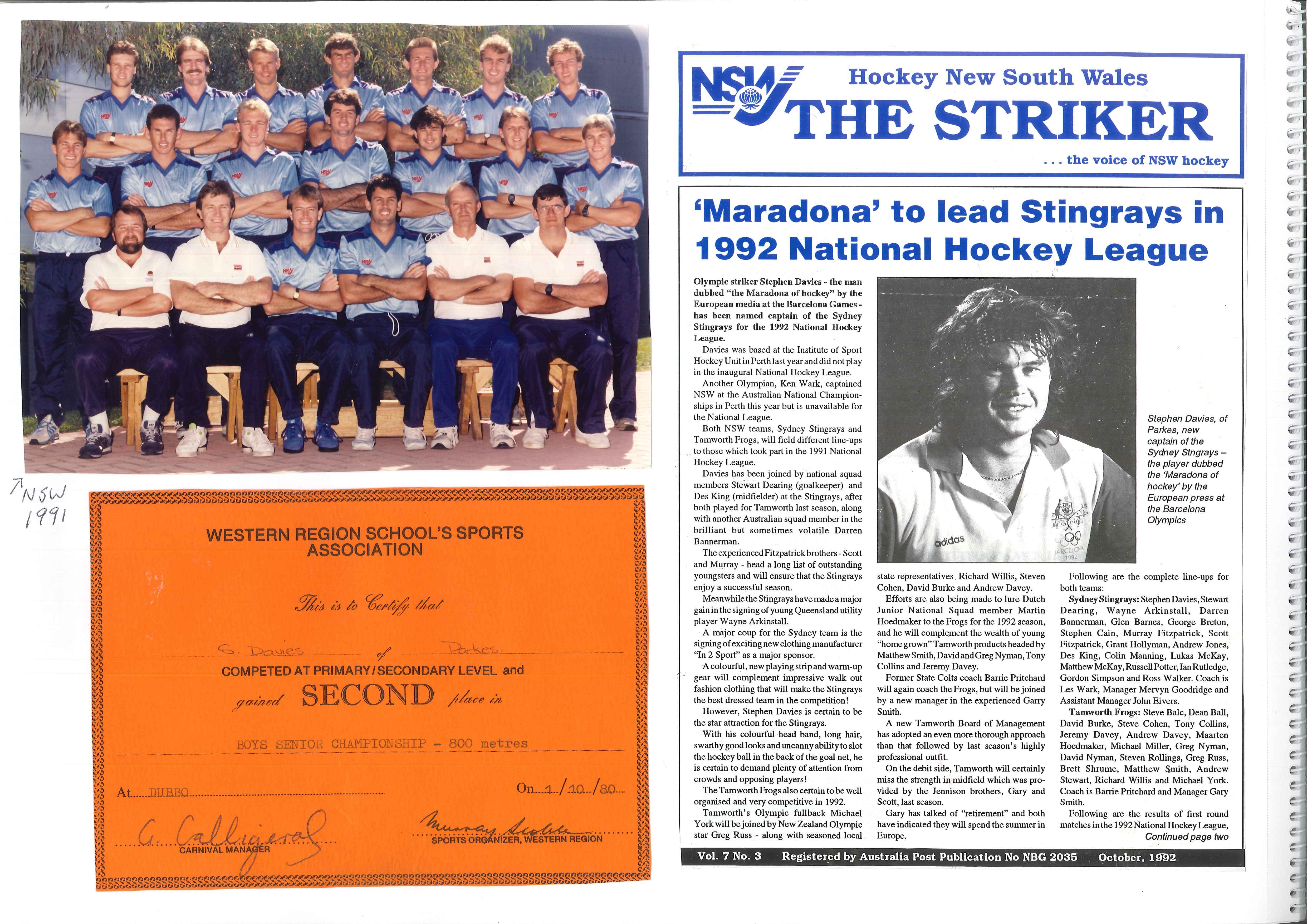 Another page from the scrapbook of Stephen's sporting success collected and collated by his parents. 1991 NSW hockey team, as well as front page on The Striker - the newspaper of Hockey New South Wales. Also included is another certificate for athletics. Photographs courtesy of John and Brenda Davies
