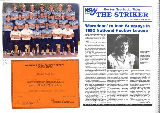 Another page from the scrapbook of Stephen's sporting success collected and collated by his parents. 1991 NSW hockey team, as well as front page on The Striker - the newspaper of Hockey New South Wales. Also included is another certificate for athletics. Photographs courtesy of John and Brenda Davies