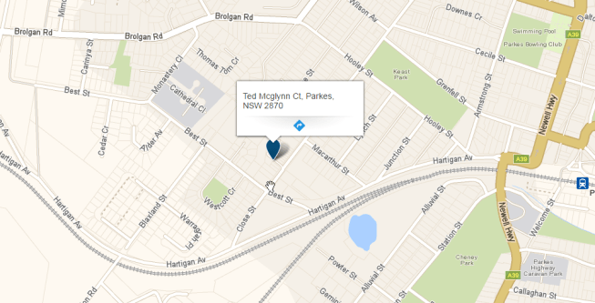 Map of Parkes, highlighting Ted McGlynn Court. One of the country's finest athletes, the 'smiling sprinter' called Parkes Shire home. Source: Whereis.com