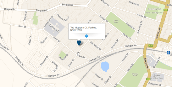 Map of Parkes, highlighting Ted McGlynn Court. One of the country's finest athletes, the 'smiling sprinter' called Parkes Shire home. Source: Whereis.com