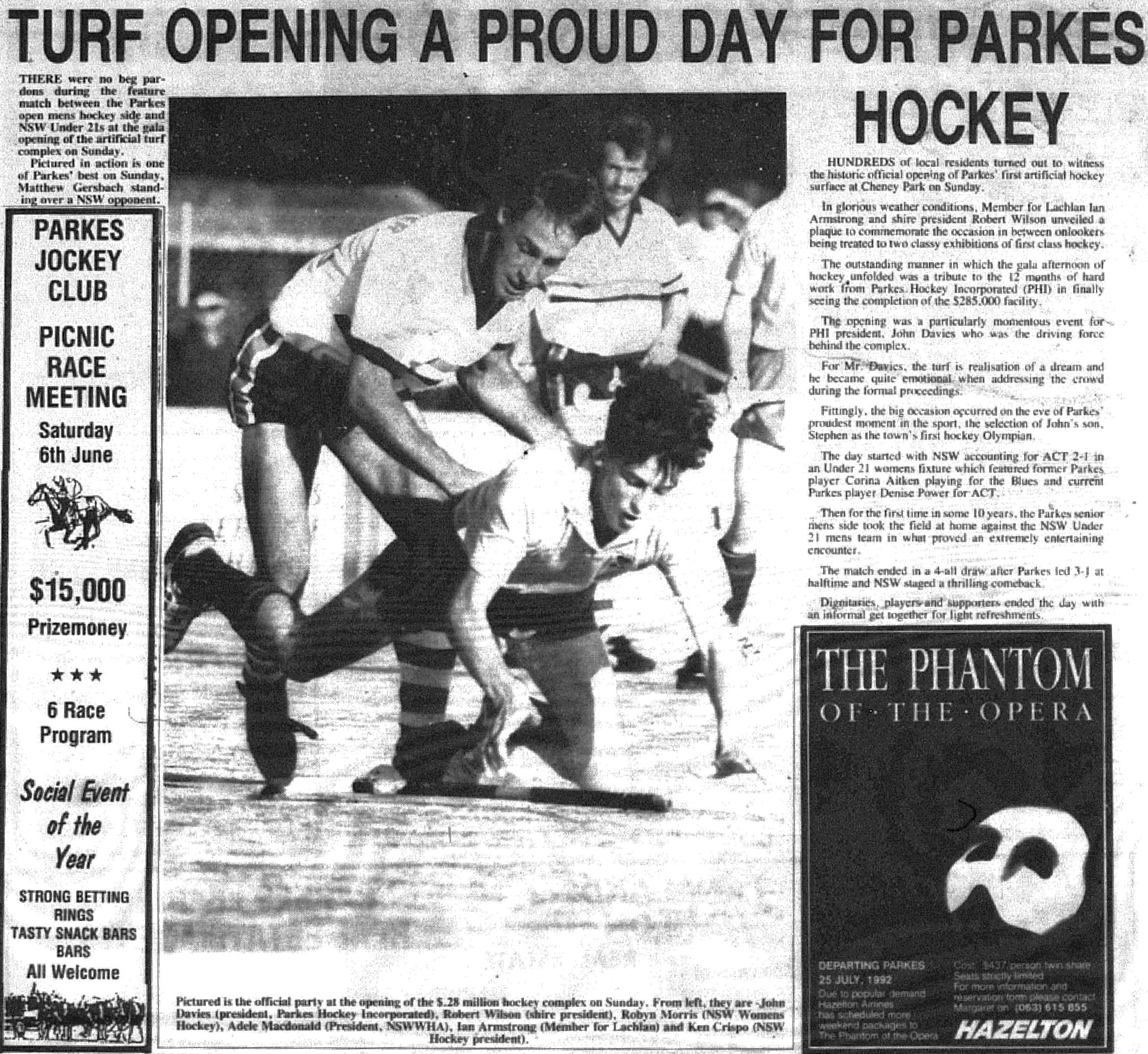 On the eve of Stephen Davies announcement as Parkes first ever hockey Olympian, the new turf hockey fields were unveiled. Later to be named Stephen Davies Field, at the time of Barcelona Olympics, Parkes hockey enthusiasts went to Cheney Park. Source: Parkes Champion Post Wednesday June 3 1992, page 28