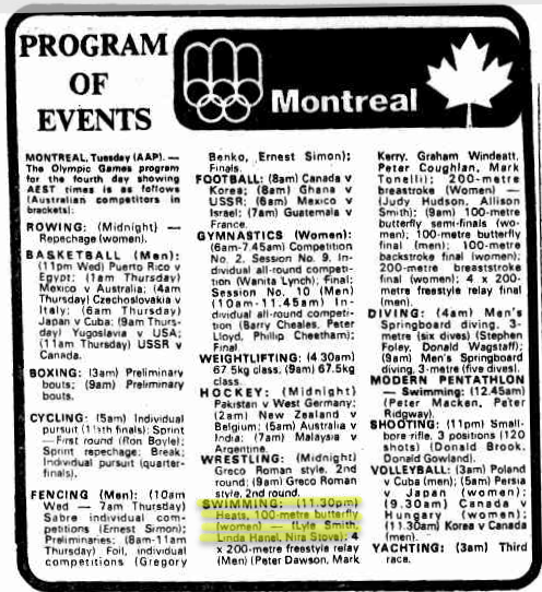 TV program highlighting Nira Stove's event 100 metres Butterfly. Source: The Canberra Times Wednesday 21 July 1976 page 35