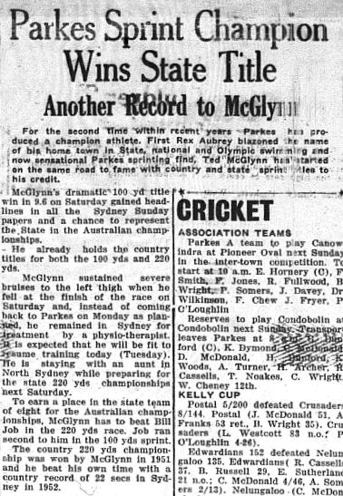 It was a decade of great sporting achievements in Parkes Shire. The 1950s produced another record with Ted McGlynn taking the state title against better trained, better resourced and more fancied city athletes. Source: The Champion Post Tuesday January 6, 1953 page 3