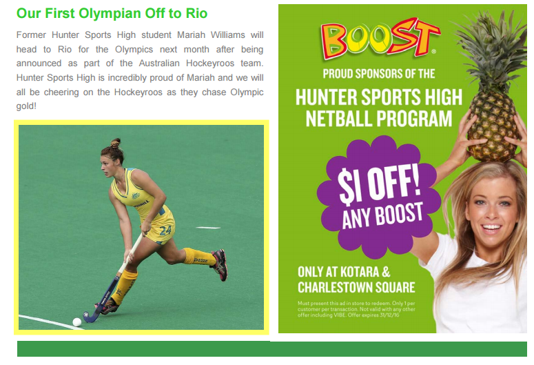 Newcastle's Hunter Sports High School was rightly proud of their first Olympian. Source: Hunter Sports High Spectator 2016 Term 3 - Week 2 page 7