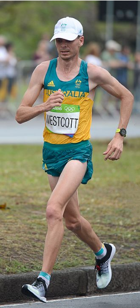 Scott Westcott competing in the marathon at the Rio 2016 Olympic Games. Source: Rêgo, T. (2016, August 21). Rio de Janeiro - Sob chuva forte atletas da maratona masculina passam pelo aterro do Flamengo (Tânia Rêgo/Agência Brasil) [Photograph found in Agência Brasil, Rio de Janeiro]. In Wikipedia. Retrieved August 25, 2016, from https://en.wikipedia.org/wiki/Scott_Westcott (Originally photographed 2016, August 21)