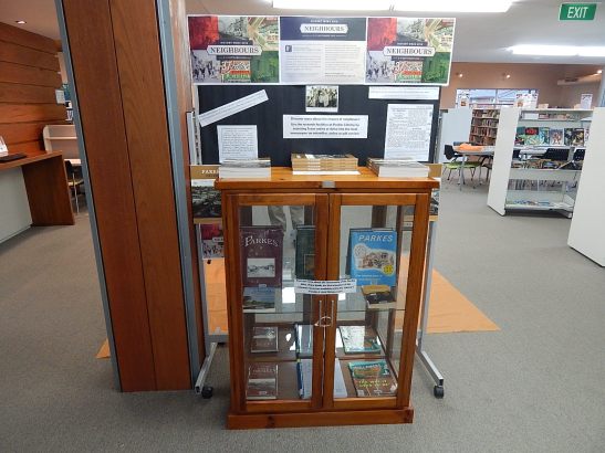 Photograph of the front side of Parkes Library's History Week display. The theme this year is Neighbours. Photograph by Dan Fredericks (Parkes Shire Library) taken September 2, 2016