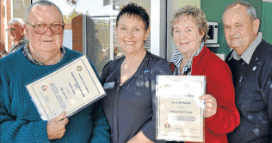 Charlie Smith (far left) was nominated by Amy Iglewski, while Helen and Mal Westcott (right) nominated Bev and Bob Bokeyar who could not be present. Source: Parkes Champion Post Wednesday July 11, 2012 page 8