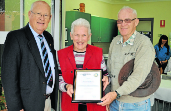 Rotary president, Peter Woods (left), with nominated Pam and Keith MacRae. The MacRaes were nominated by Rhonda Brain (absent). Source: Parkes Champion Post 7 June 2013