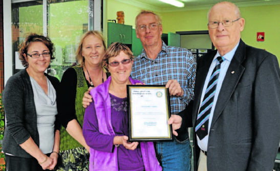 Good Neighbours, Chris and Al Curteir (centre) with nominators, Liza Cope and Julie Macaulay and Rotary president, Peter Woods (right). Source: Parkes Champion Post 7 June 2013