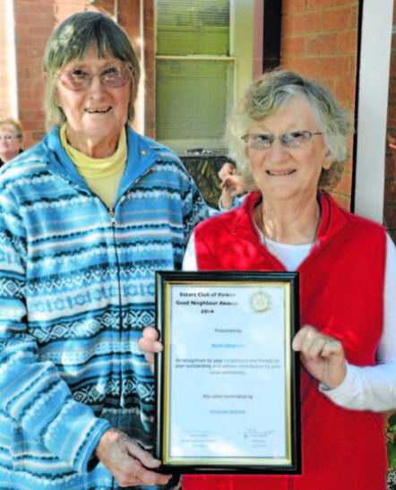 Yvonne Hutton (left) nominated Ruth Simpson (right) as her Good Neighbour. Source: Parkes Champion Post 18 May 2014