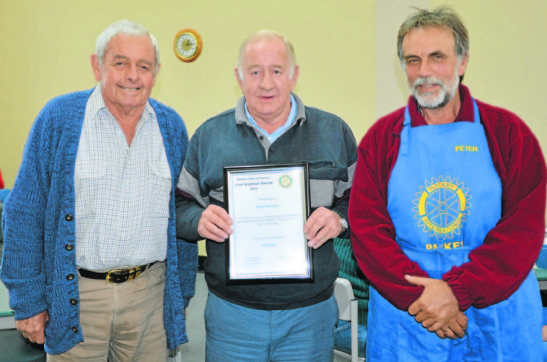 Ray Jones nominated Barry Thompson. They are both standing next to Rotarian, Peter Dearden. Source: Parkes Champion Post 22 June 2015