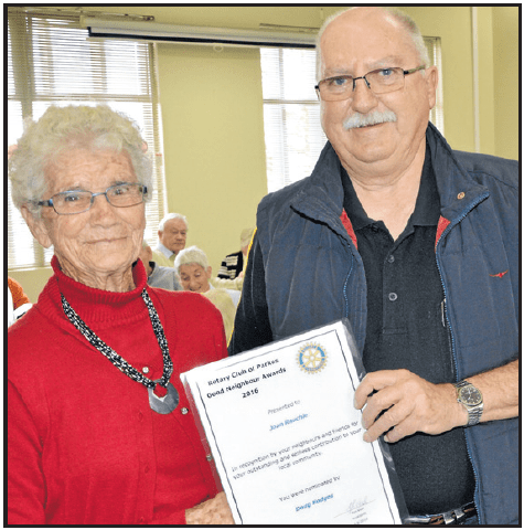 Joan Rauchle with Rotarian, David Hughes. Source: Parkes Champion Post Tuesday June 21, 2016 page 28