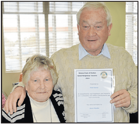 Joyce Roeder nominated Fred Coyne as her Good Neighbour. Source: Parkes Champion Post Tuesday June 21, 2016 page 28