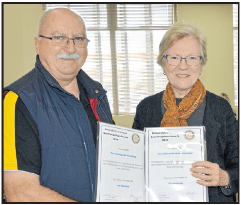 Rotarian, David Hughes with nominator Kay Kennedy. Source: Parkes Champion Post Tuesday June 21, 2016 page 28