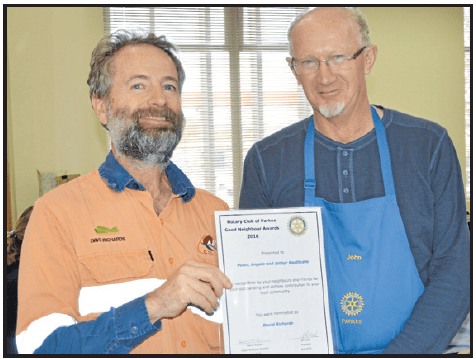 Good Neighbour nominator Dave Richards with Rotarian, John Short. Source: Parkes Champion Post Tuesday June 21, 2016 page 28