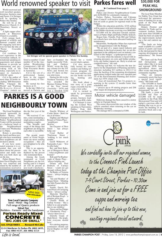 The invitation, advising residents of the Parkes Shire, about the barbecue lunch and presentation of the inaugural Parkes Good Neighbour Awards. The lunch and awards presentation was hosted by Parkes Neighbourhood Centre (now called Neighbourhood Central). Source: Parkes Champion Post Friday, June 15, 2012 page 5