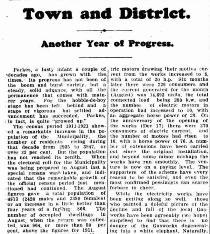 This newspaper report details the steady rise of Parkes growth. It contains figures of population for 1911 (2,935) and 1921 (3,947) which were from the census. In addition it lists the population in 1925 as being 4,813 which was taken from the electoral roll. This last figure is the closest on record of gender equality within Parkes - only 30 more men than women recorded. Source: Town and District. (1925, December 24). Western Champion (Parkes, NSW : 1898 - 1934), p. 15. Retrieved October 28, 2016, from http://nla.gov.au/nla.news-article113546346