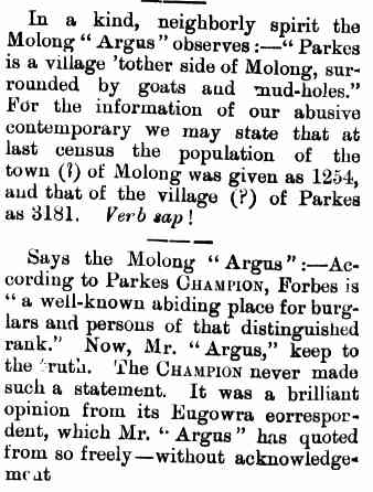 The census was used to settle local media disputes between The Western Champion and the Molong Argus. Source: Brief Mention. (1903, May 15). Western Champion (Parkes, NSW : 1898 - 1934), p. 8. Retrieved October 29, 2016, from http://nla.gov.au/nla.news-article112278358