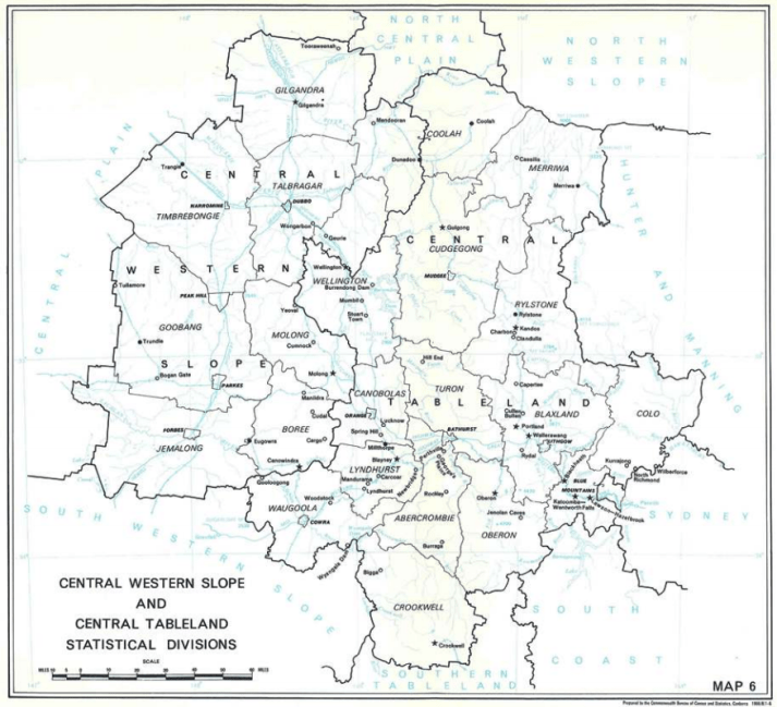 The map of Central Western Slope Statistical Division showing the LGAs of Goobang, Jemalong, Boree and Timbrebongie that data was collected from the towns in previous Census years. Only five localities featured in the 1966 Census: Parkes, Peak Hill, Bogan Gate, Trundle and Tullamore. Source: Australian Bureau of Statistics