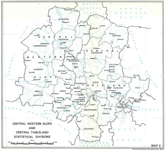 The map of Central Western Slope Statistical Division showing the LGAs of Goobang, Jemalong, Boree and Timbrebongie that data was collected from the towns in previous Census years. Only five localities featured in the 1966 Census: Parkes, Peak Hill, Bogan Gate, Trundle and Tullamore. Source: Australian Bureau of Statistics