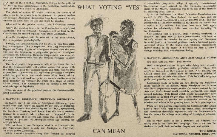 Student newspapers, such as Tharunka, helped propel the referendum issues to the forefront of the nation. Voting yes would have widespread positive consequences for indigenous Australians; including being counted in the Census. Source: Tharunka 11 April 1967 page 2