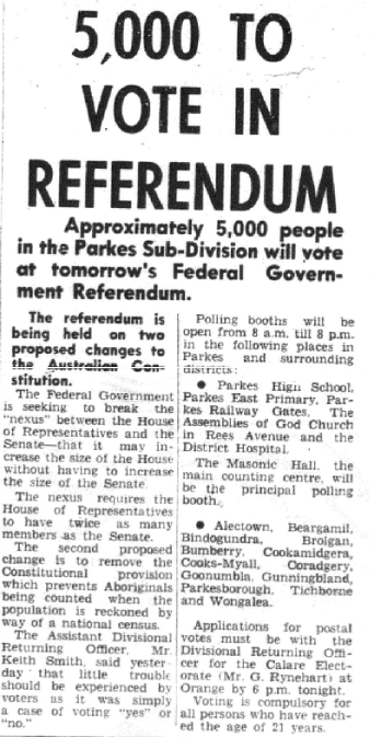 Parkes Champion Post front page story indicating how many from Parkes Sub-Division will vote on the now historic referendum. Source: Parkes Champion Post Friday May 26, 1967 page 1