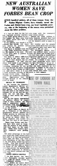 The migrant centre at Parkes saved the town of Forbes not once, but twice! This report details how the women of the Parkes Migrant Centre saved the bean crop of Forbes. Source: NEW AUSTRALIAN WOMEN SAVE FORBES BEAN CROP (1951, April 17). The Forbes Advocate (NSW : 1911 - 1954), p. 1. Retrieved November 28, 2016, from http://nla.gov.au/nla.news-article219101306