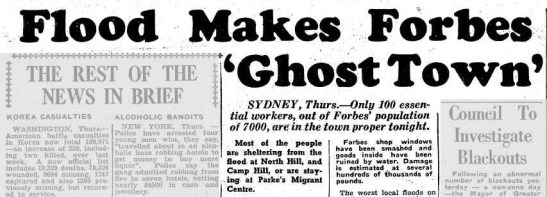 Parkes, and the facilities of its migrant centre, come to the aid of neighbouring town Forbes again. Severe flooding left Forbes being labelled a 'ghost town' as many flood-effected residents stayed at Parkes Migrant Centre. Source: Flood Makes Forbes 'Ghost Town' (1952, June 20). Illawarra Daily Mercury (Wollongong, NSW : 1950 - 1954), p. 1. Retrieved November 28, 2016, from http://nla.gov.au/nla.news-article133689515