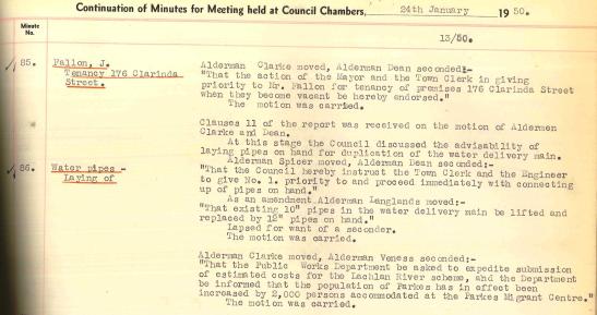 The Parkes Migrant Centre, situated on the site of Parkes Regional Airport, added to the population of the Parkes Shire. Council Minutes detail that 2,000 persons were accommodated here thus requiring additional infrastructure support. Source: Parkes Municipal Council Meeting Minutes January 24th 1950 Number 86