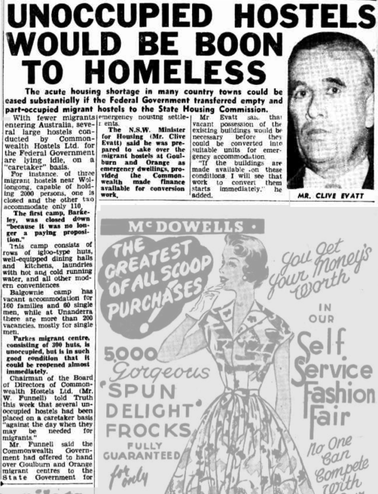 Once the home of migrants escaping the horrors of World War 2, vacant centres could become a solution to the growing homeless population. Source: UNOCCUPIED HOSTELS (1953, November 8). Truth (Sydney, NSW : 1894 - 1954), p. 64. Retrieved November 28, 2016, from http://nla.gov.au/nla.news-article168103851