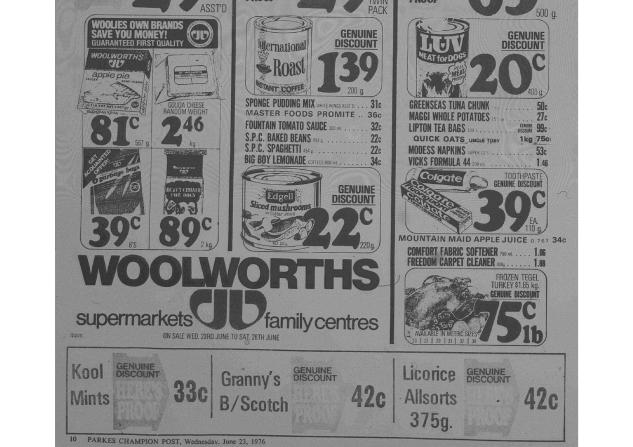 Woolworths advertisement in local newspaper. Notice the stylised W logo which was used from 1976 until 1987 (when the "Fresh Food People" campaign was launched). According to the ABS website, the average weekly wage in June 1976 was $180.30 Source: Parkes Champion Post Wednesday June 23, 1976 page 10