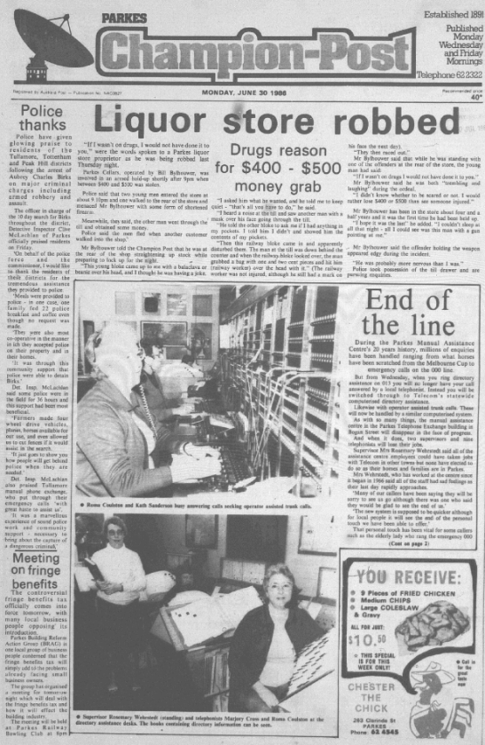 Front page of Parkes Champion Post on census day. The police article highlights the hospitality of the Parkes Shire, while the main story sees the march of progress as local telephone assistance ceases. The bottom right has an advertisement for local iconic food store, "Chester the Chick". According to the ABS, the average weekly wage was $409.20 Source: Parkes Champion Post Monday June 30, 1986 page 1