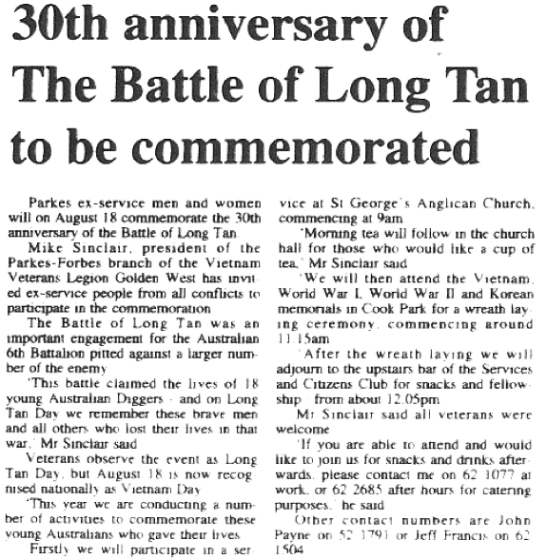 Newspaper reporting on the 30th anniversary of The Battle of Long Tan. Source: Parkes Champion Post Monday August 5, 1991 page 3