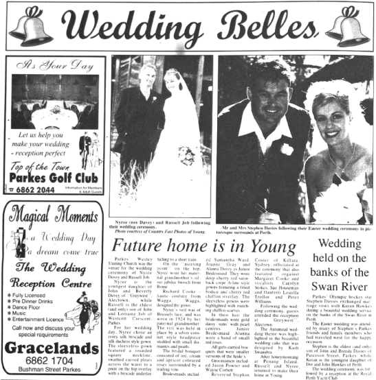 Fine China! Favourite son of the Parkes Shire - triple Olympian Stephen "China" Davies - marries Keran Hawkes in Perth. Source: Parkes Champion Post Monday August 6, 2001 page 4