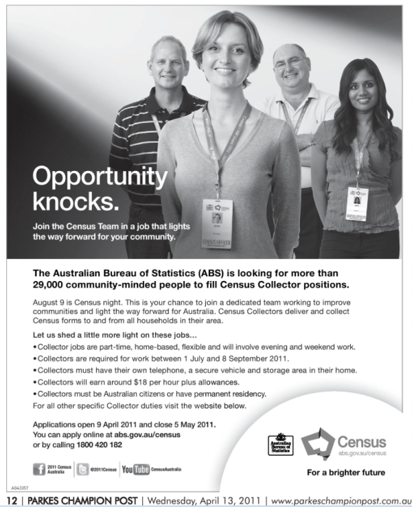 Advertisement asking for Census collectors. Source: Parkes Champion Post Wednesday April 13, 2011 page 12