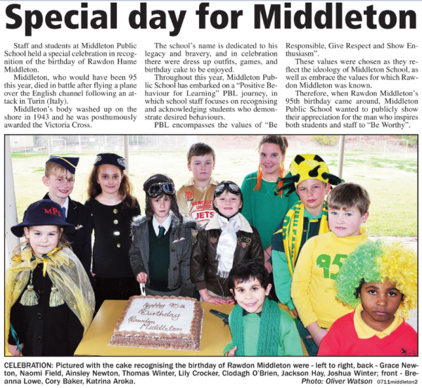There were many celebrations in Parkes around Census night 2011. Victoria Cross recipient and local boy, Rawdon Hume Middleton, would have been 95 in 2011. Middleton Public School held a special celebration remembering and honouring the values and qualities of this ever-popular Parkes Shire resident. Source: Parkes Champion Post Monday August 8, 2011 page 2