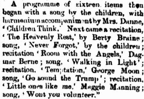 While Dagmar was described as shy, she still took part in public speaking. The article in the local newspaper lists a recitation by Dagmar Berne at a performance by the Children of the Wesleyan Sunday School. Source: ENTERTAINMENT. (1874, September 24). The Bega Gazette and Eden District or Southern Coast Advertiser (NSW : 1865 - 1899), p. 2. Retrieved January 20, 2017, from http://nla.gov.au/nla.news-article106754814