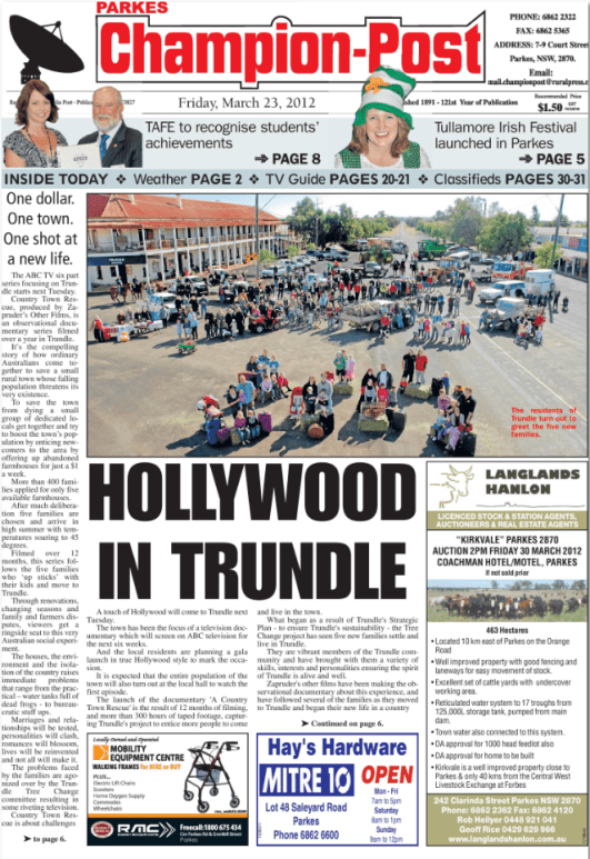 Trundle on the front page! The initiative and collaboration of the Trundle community to reverse dwindling population figures. Source: Parkes Champion Post Friday March 23, 2012 page 1