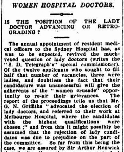Extract of an article in The Brisbane Courier where Dr Dagmar Berne advocates for Australia following Britain's lead in establishing "women doctors in women's hospitals for women patients" Source: The Brisbane Courier Wednesday 5 January 1898 page 2 To view the article in its entirety click here