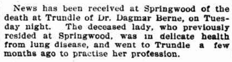 Report of Dr Dagmar Berne's death. Source: Evening News Friday 24 August 1900 page 2