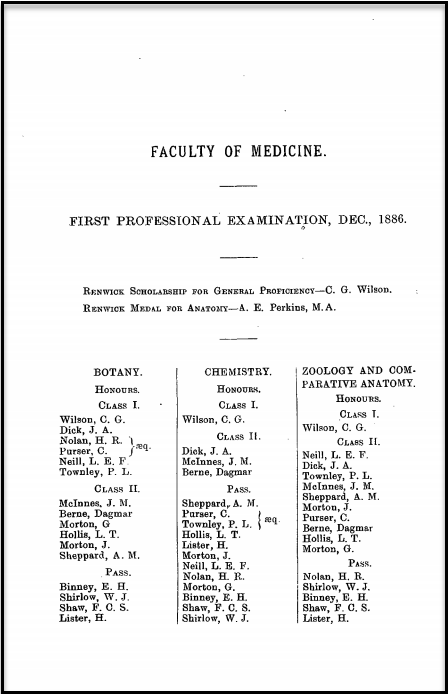 As recorded in The Sydney University Calendar 1887 Dagmar Berne achieved Second Class Honours in Botany, Chemistry and Zoology & Comparative Anatomy. Cecil Purser is also listed. Source: The Sydney University Calendar Archive