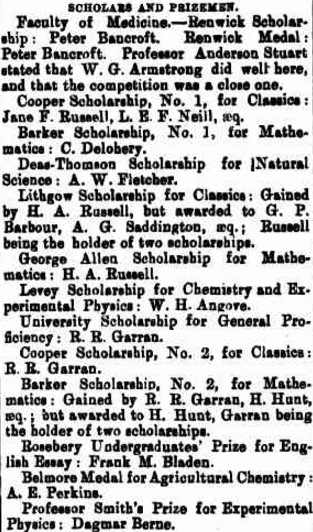 List of Scholars and prizes, with Dagmar Berne (listed at the bottom) being awarded a book for Professor Smith's Prize for Experimental Physics. Source: The Maitland Mercury and Hunter River General Advertiser Thursday 7 May 1885 page 6