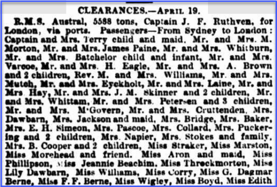This newspaper article contains the names of Miss G. Dagmar Berne and her sister Miss F.F. Berne, bound for London on board RMS Austral. Source: Sydney Morning Herald Monday 21 April 1890 page 6