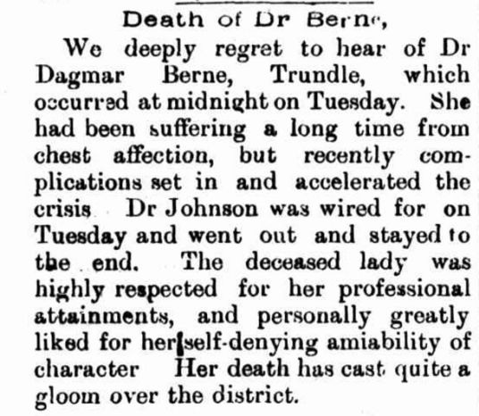News of Dr Berne's death has cast quite a gloom over the district! Source: Western Champion Friday 24 August 1900 page 11