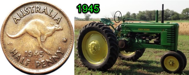 1945 in Parkes - images of the Australian half penny and a 1945John Deere B tractor. Sources: Half penny from TDK Australian Pre-Decimal Coins website and John Deere tractor from Mid-states Antique Tractor Show website